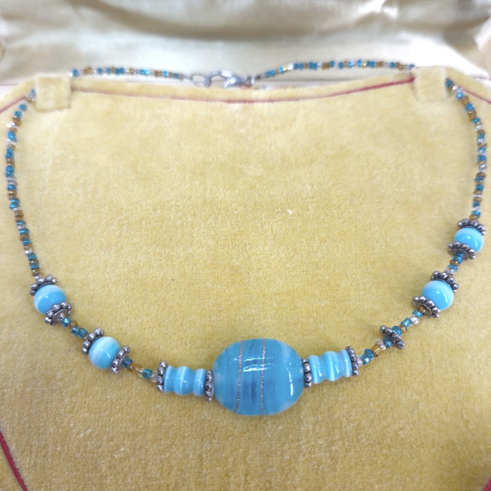 Blue Venetian Glass Style Beaded‎ Necklace Teal Silver tone Lampwork Boho Choker